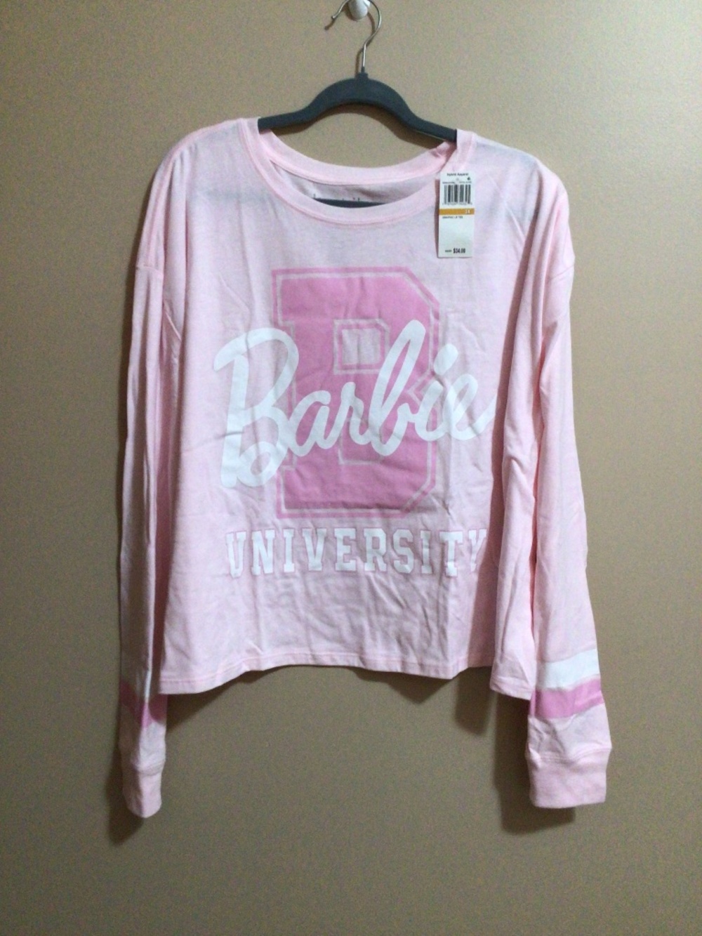 Hybrid Apparel Barbie University Pink Striped Long Sleeve Graphic Tee-NWT-3X